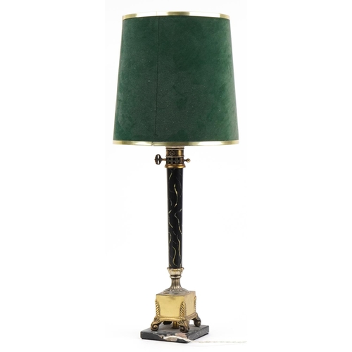 401 - Classical brass column table lamp with shade on square portico marble base, 78.5cm high