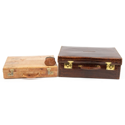 182 - Two early 20th century taxidermy interest cases comprising alligator skin vanity case retailed by Ha... 