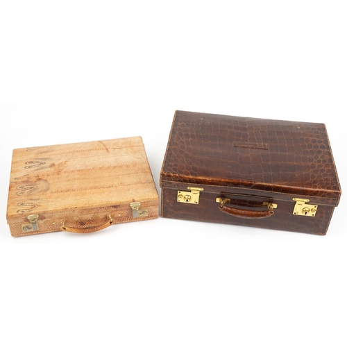 182 - Two early 20th century taxidermy interest cases comprising alligator skin vanity case retailed by Ha... 