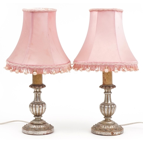 1333 - Pair of classical silver painted carved wood table lamps with silk lined shades, each overall 41cm h... 