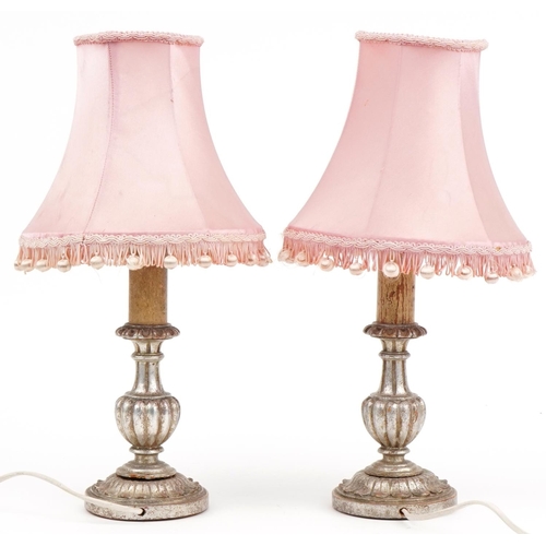 1333 - Pair of classical silver painted carved wood table lamps with silk lined shades, each overall 41cm h... 