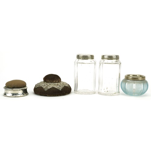 1796 - Edwardian and later silver mounted objects comprising a pair of cut glass jars, two pin cushions and... 