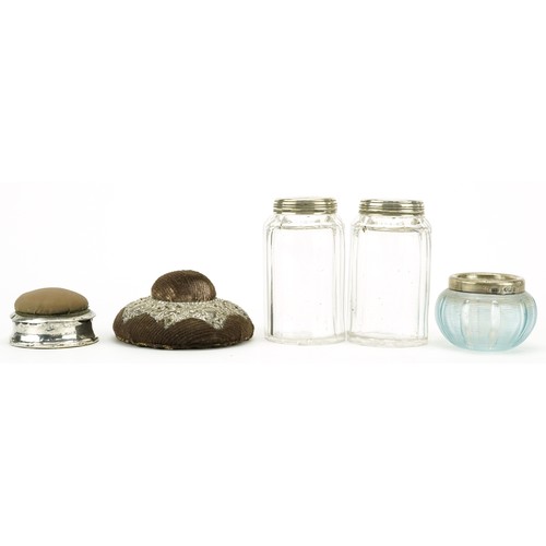 1796 - Edwardian and later silver mounted objects comprising a pair of cut glass jars, two pin cushions and... 