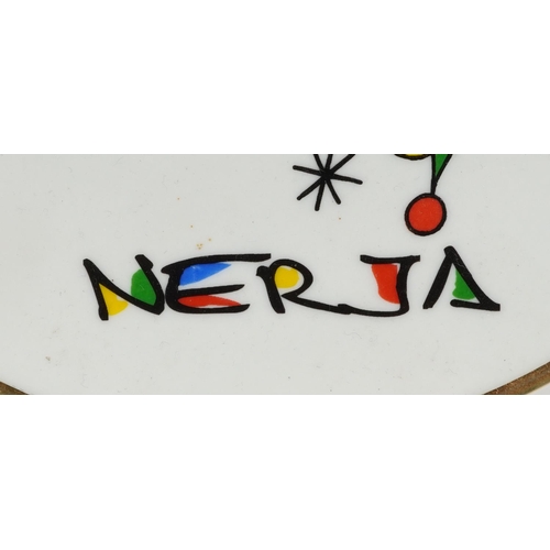 1770 - Saffron porcelain plate decorated with an abstract composition, signed Nerja, 19.5cm in diameter