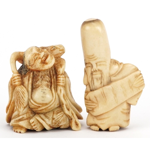 1747 - Two Japanese carved bone netsukes including one of Lui Hai, the largest 6cm high