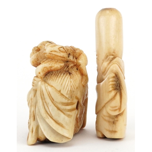 1747 - Two Japanese carved bone netsukes including one of Lui Hai, the largest 6cm high