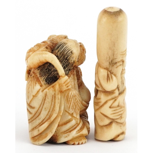 1747 - Two Japanese carved bone netsukes including one of Lui Hai, the largest 6cm high