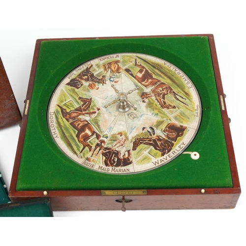 1798 - Victorian mahogany cased Sandown horse racing game registered by F H Ayers of London, 50cm x 50cm