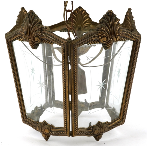 1412 - French style gilt metal light pendant with etched glass panels, 28cm high