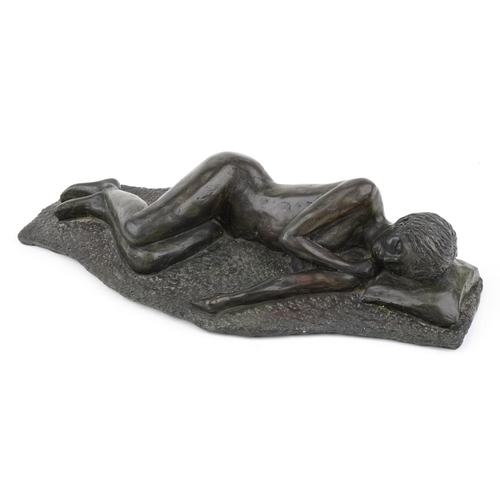 1807 - Mid century style bronzed pottery sculpture of a sleeping nude female, 48cm in length