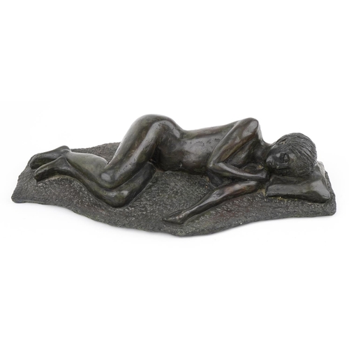 1807 - Mid century style bronzed pottery sculpture of a sleeping nude female, 48cm in length