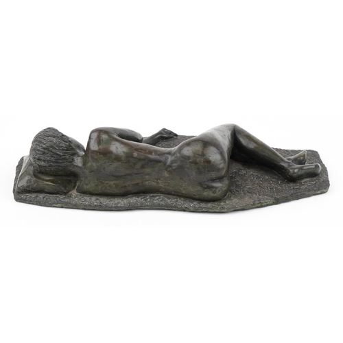 1807 - Mid century style bronzed pottery sculpture of a sleeping nude female, 48cm in length