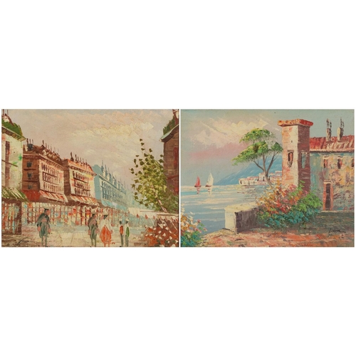 432 - Continental lake scene with villa and street scene with figures, pair of Impressionist impasto oil o... 