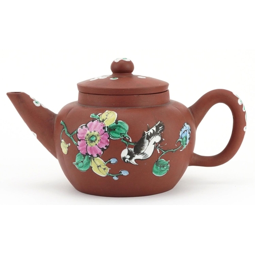 1758 - Chinese Yixing terracotta teapot enamelled with a bird amongst flowers, character marks to the base,... 