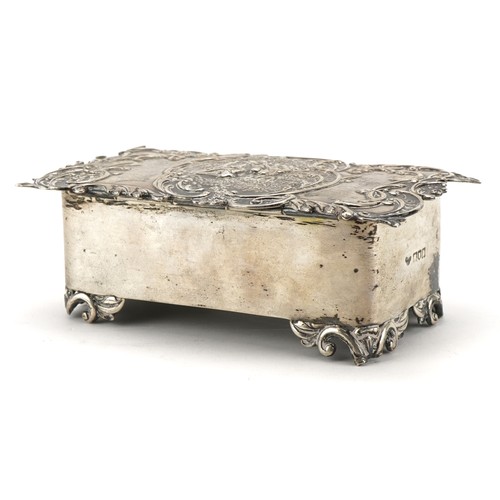 97 - Silver jewel casket embossed with figures and scrolling foliage, indistinct London hallmarks, 5cm hi... 