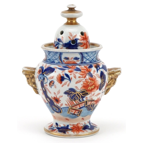 475 - Masons, 19th century ironstone pot pourri vase and cover with handles decorated in the Imari palette... 