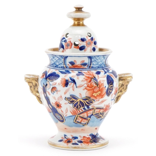 475 - Masons, 19th century ironstone pot pourri vase and cover with handles decorated in the Imari palette... 