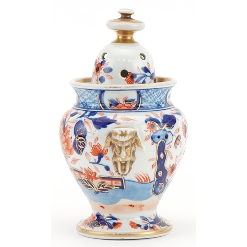 475 - Masons, 19th century ironstone pot pourri vase and cover with handles decorated in the Imari palette... 