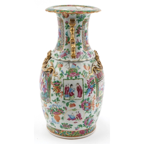 1701 - Large Chinese Canton porcelain vase with animalia handles hand painted in the famille rose palette w... 