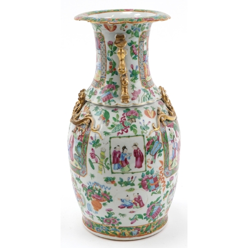 1701 - Large Chinese Canton porcelain vase with animalia handles hand painted in the famille rose palette w... 