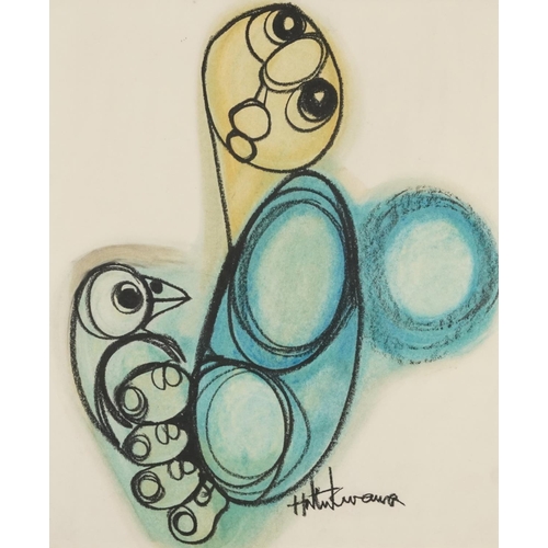 394 - Hargreaves Ntukwana - Surreal figure with bird, South African school mixed media, framed and glazed,... 