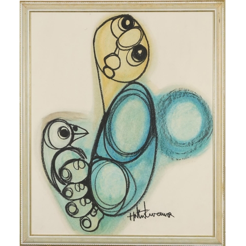 394 - Hargreaves Ntukwana - Surreal figure with bird, South African school mixed media, framed and glazed,... 