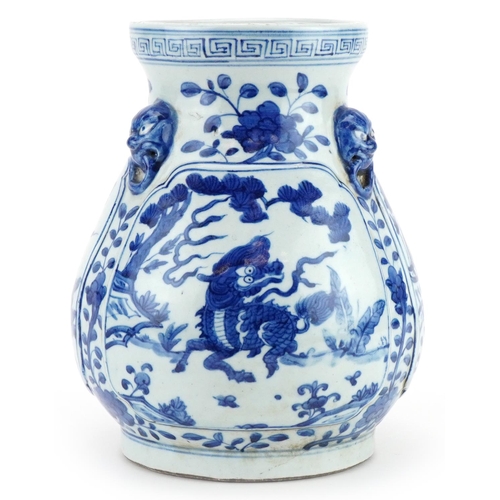 517 - Chinese blue and white porcelain vase with three animalia ring turned handles hand painted with myth... 