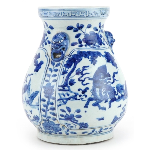 517 - Chinese blue and white porcelain vase with three animalia ring turned handles hand painted with myth... 