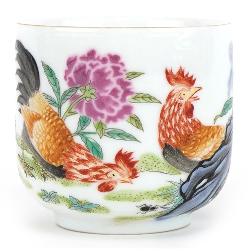 511 - Chinese porcelain cup hand painted with chickens in a landscape, four figure character marks to the ... 