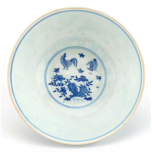 1328 - Chinese blue and white porcelain bowl hand painted with chickens in a landscape, six figure characte... 