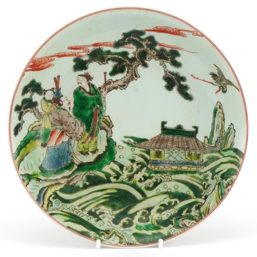 550 - Chinese porcelain shallow dish decorated in the famille verte palette with two emperors and an atten... 