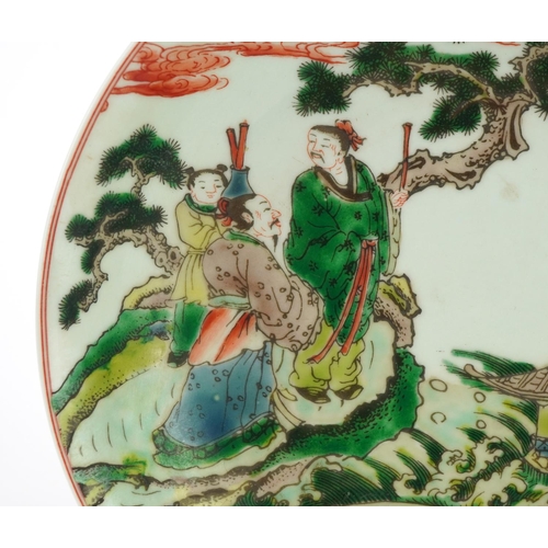 550 - Chinese porcelain shallow dish decorated in the famille verte palette with two emperors and an atten... 