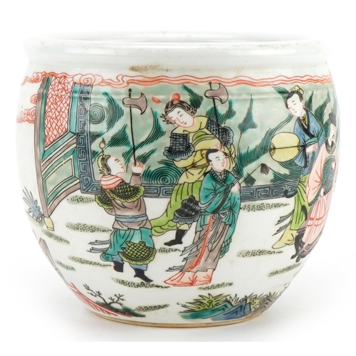 1327 - Chinese porcelain jardiniere hand painted in the famille verte palette with warriors and attendants ... 