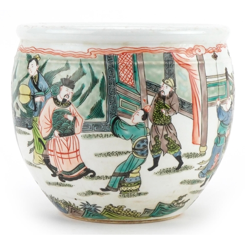 1327 - Chinese porcelain jardiniere hand painted in the famille verte palette with warriors and attendants ... 