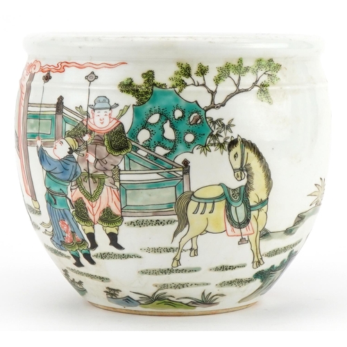 1327 - Chinese porcelain jardiniere hand painted in the famille verte palette with warriors and attendants ... 