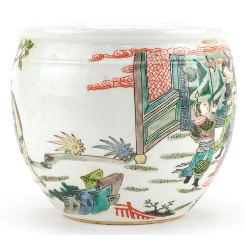 1327 - Chinese porcelain jardiniere hand painted in the famille verte palette with warriors and attendants ... 