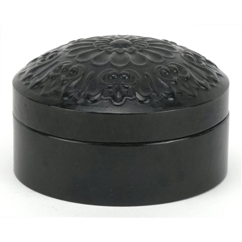 1447 - Islamic green jade box and cover carved with a flower head, 6cm in diameter