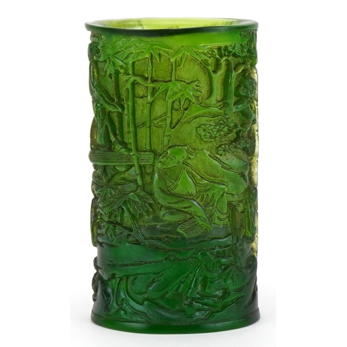 1772 - Chinese Peking glass style brush pot decorated with figures, 12.5cm high