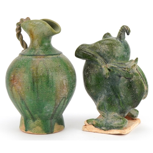 540 - Chinese archaic style horse and a similar spouted vessel, each having green glazes, the largest 22.5... 