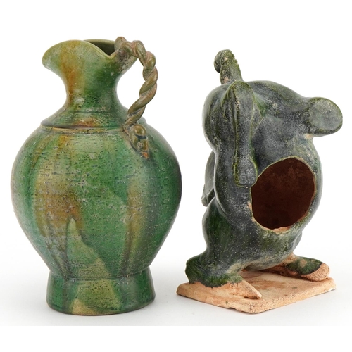 540 - Chinese archaic style horse and a similar spouted vessel, each having green glazes, the largest 22.5... 