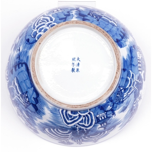 64 - Chinese blue and white porcelain punch bowl hand painted internally and externally with continuous r... 