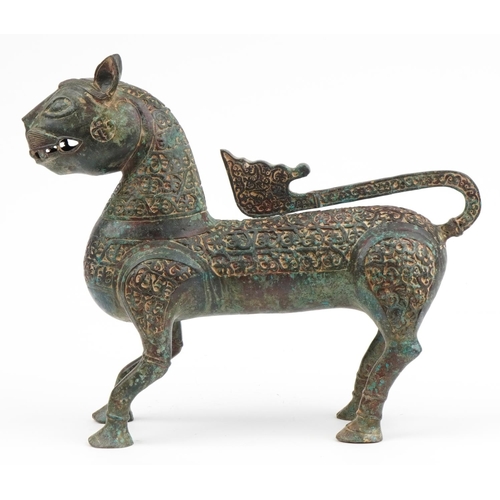 490 - Large Islamic verdigris patinated bronze mythical cat, 37cm in length