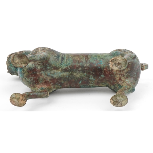 490 - Large Islamic verdigris patinated bronze mythical cat, 37cm in length