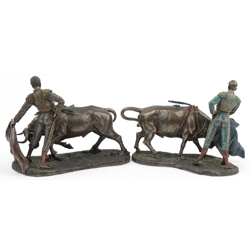 1440 - Two Sigris bronzed groups of Spanish bullfighters with bulls, each 30cm wide