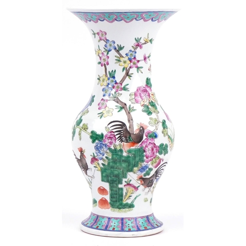 1391 - Large Chinese porcelain baluster vase hand painted with chickens and flowers, character marks to the... 