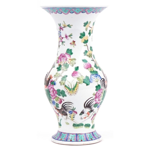 1391 - Large Chinese porcelain baluster vase hand painted with chickens and flowers, character marks to the... 