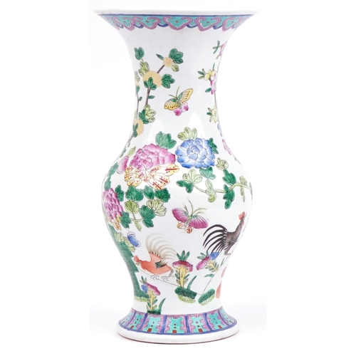 1391 - Large Chinese porcelain baluster vase hand painted with chickens and flowers, character marks to the... 