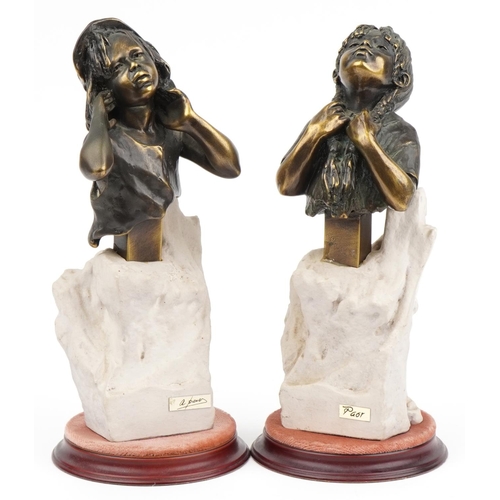 422 - After Andre Paor, pair of cold cast bronzed figures of young females with simulated naturalistic sto... 