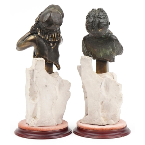 422 - After Andre Paor, pair of cold cast bronzed figures of young females with simulated naturalistic sto... 