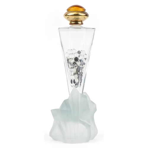 346 - Large shop dummy display scent bottle on naturalistic rocky frosted glass base, overall 41cm high